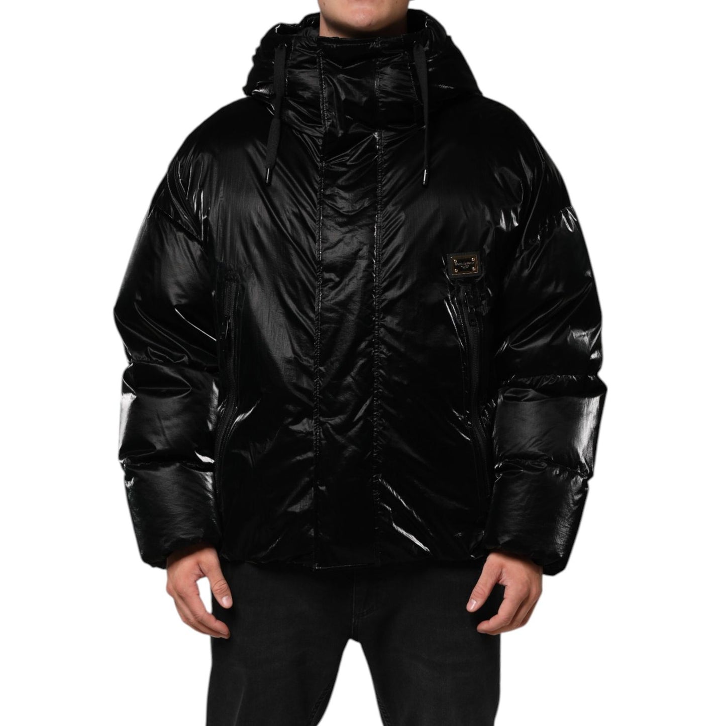 Dolce & Gabbana Black Logo Full Zip Hooded Quilted Jacket with sleek design and distinctive logo for luxury fashion styling.