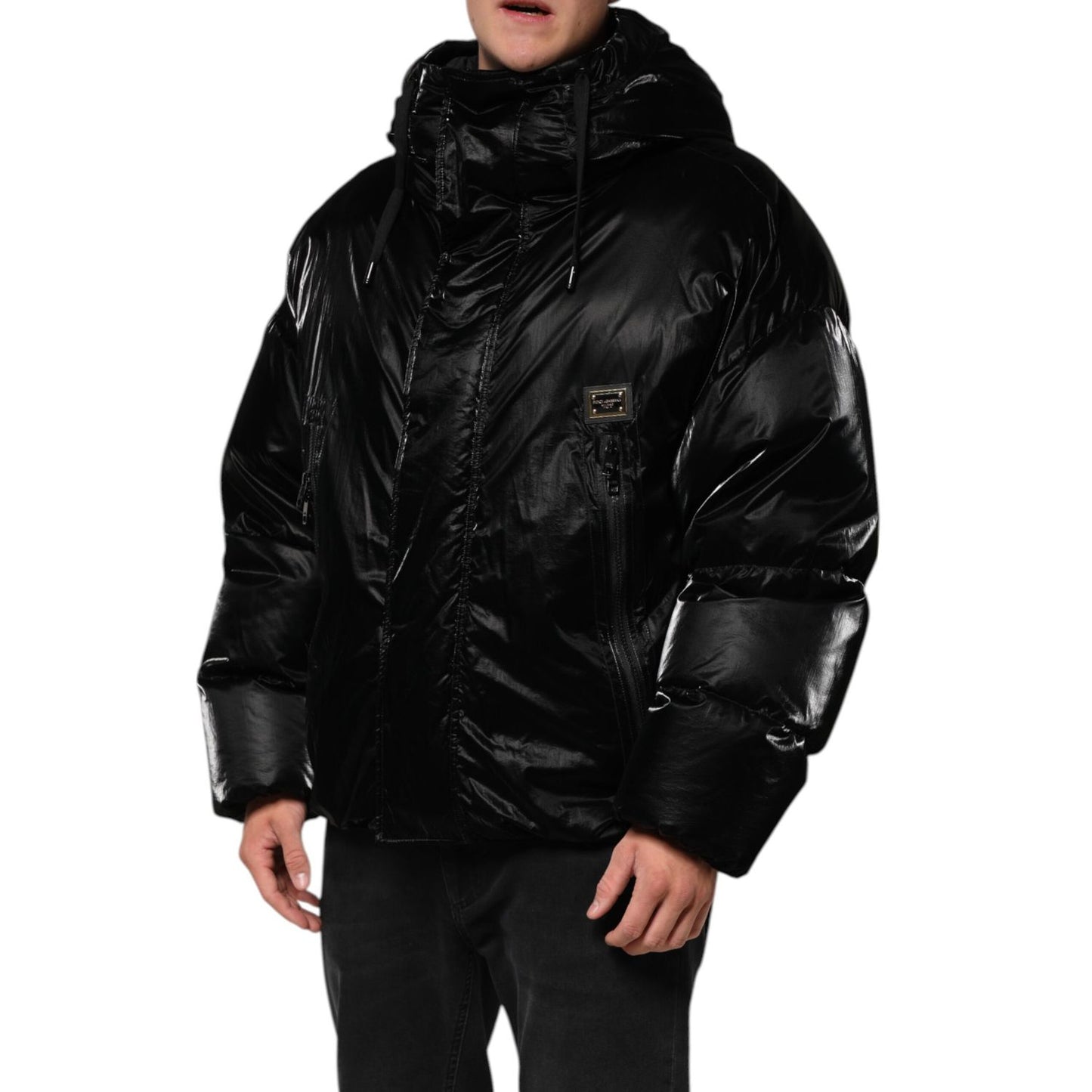 Dolce & Gabbana Black Logo Full Zip Hooded Quilted Jacket with sleek black exterior and logo detail.