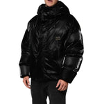 Dolce & Gabbana Black Logo Full Zip Hooded Quilted Jacket with sleek black exterior and logo detail.