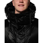 Dolce & Gabbana Black Logo Full Zip Hooded Quilted Jacket with sleek black exterior and quilted design, featuring logo details.