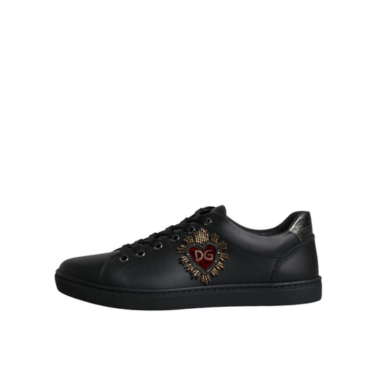 Dolce & Gabbana Black London Sacred Heart Men Sneakers Shoes, made in Italy, 100% calf leather, featuring studs and lace-up design.