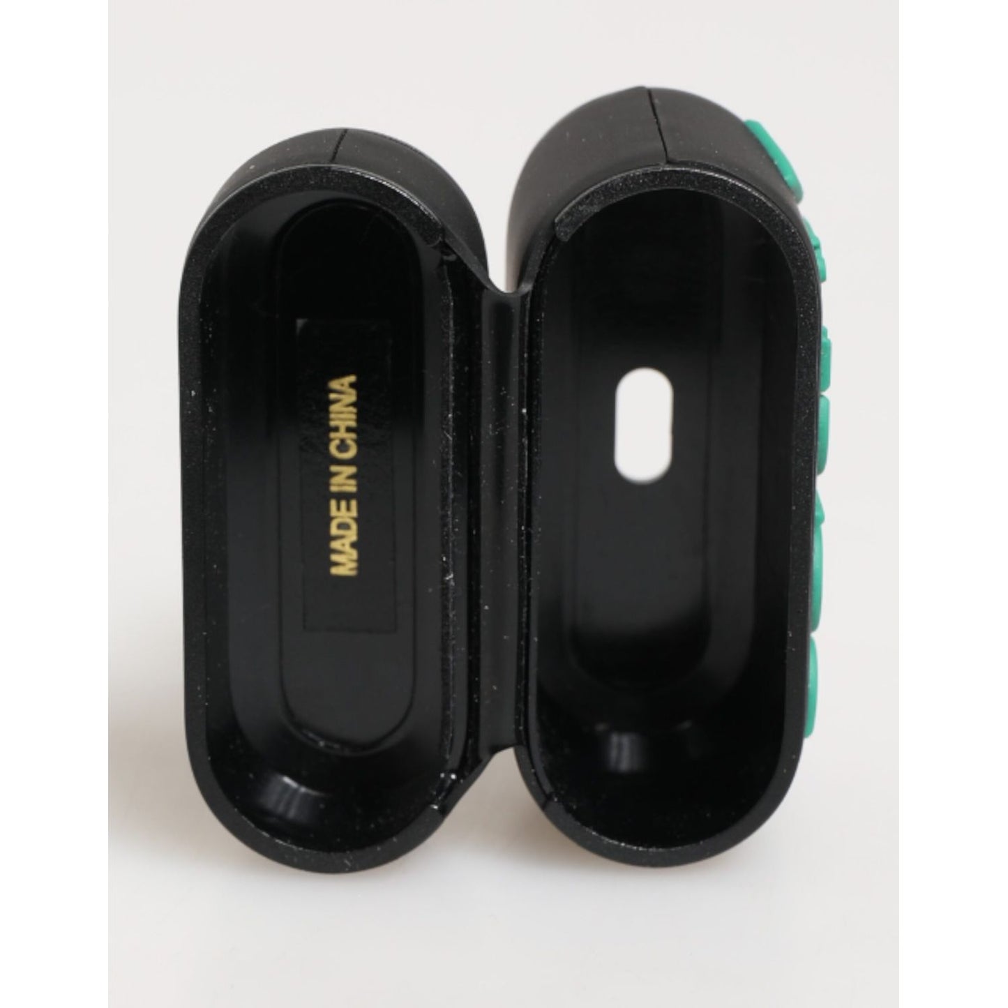Dolce & Gabbana Black Mint Rubber Logo Embossed Accessory Airpods Case interior view showing "Made in China" label.