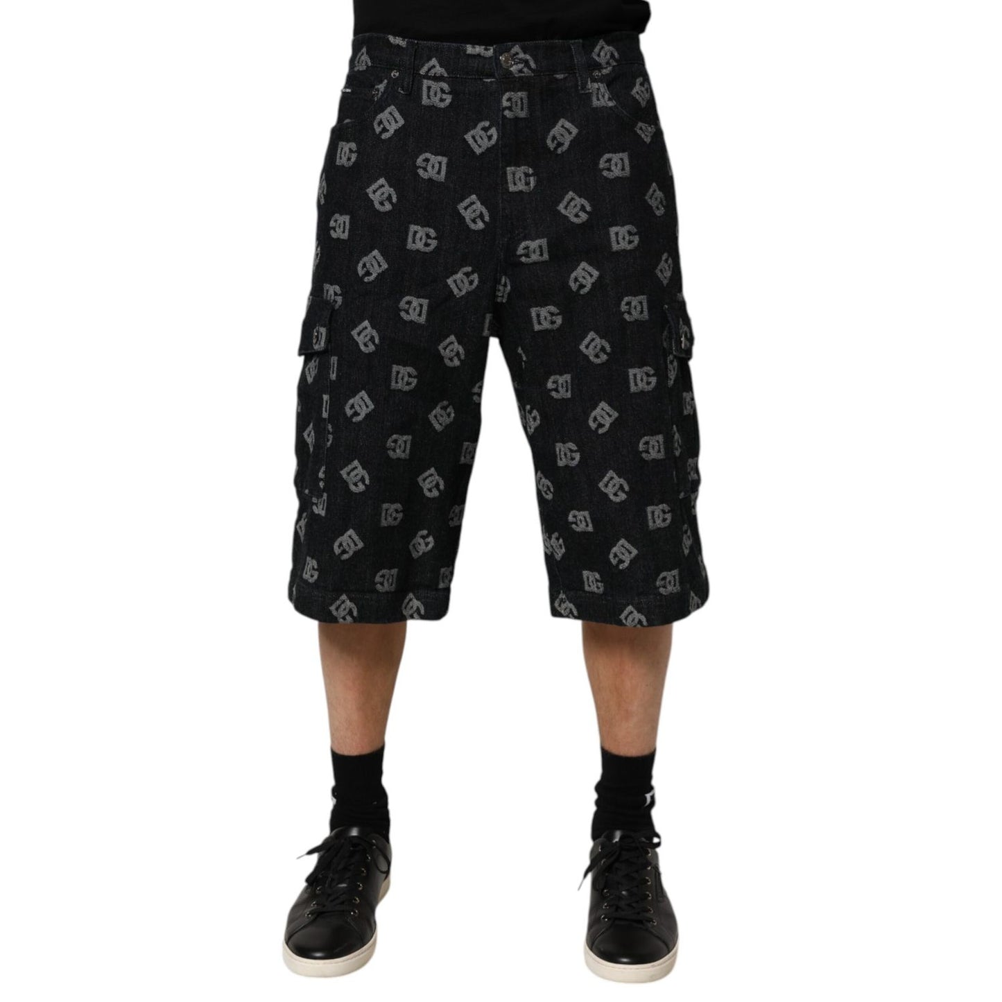 Dolce & Gabbana Black Monogram Denim Cargo Men Bermuda Short with signature detailing, mid-waist fit, and cargo pockets