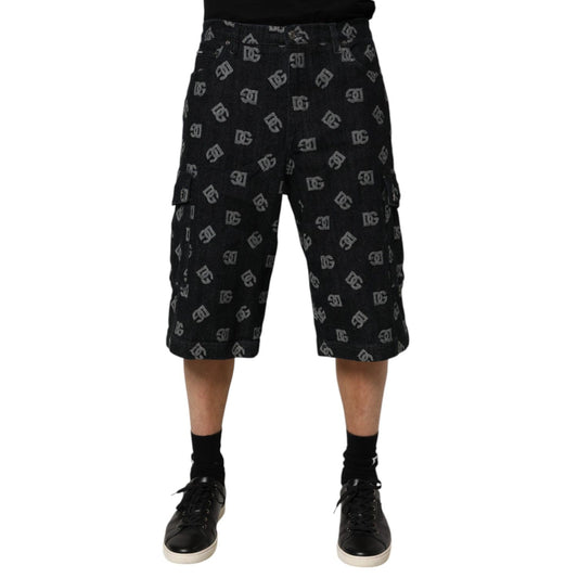 Dolce & Gabbana Black Monogram Denim Cargo Men Bermuda Short with signature detailing, mid-waist fit, and cargo pockets