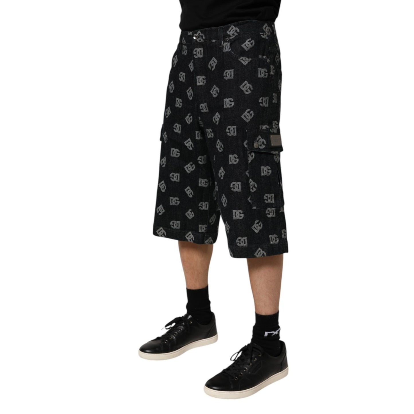 Dolce & Gabbana Black Monogram Denim Cargo Men Bermuda Short with mid-waist fit and cargo pockets, perfect for casual wear.
