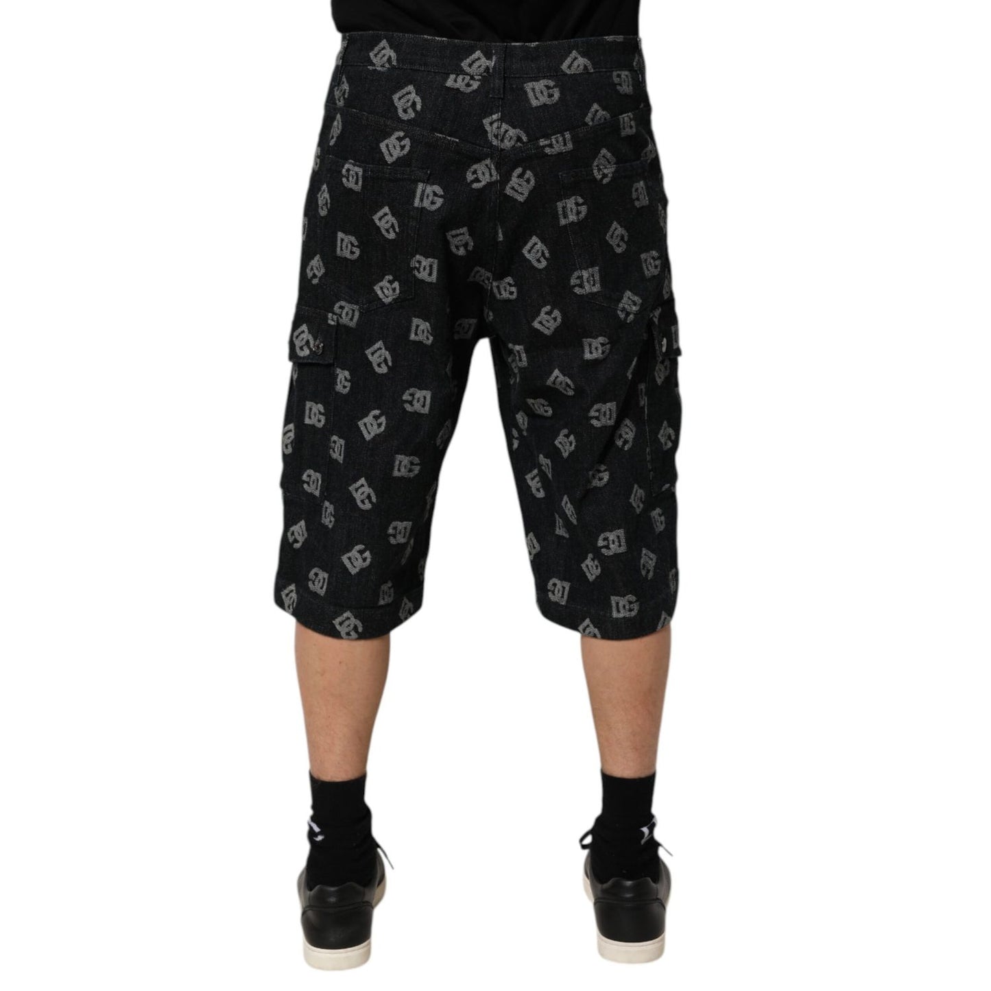 Rear view of Dolce & Gabbana Black Monogram Denim Cargo Men Bermuda Short featuring monogram detailing and cargo pockets.