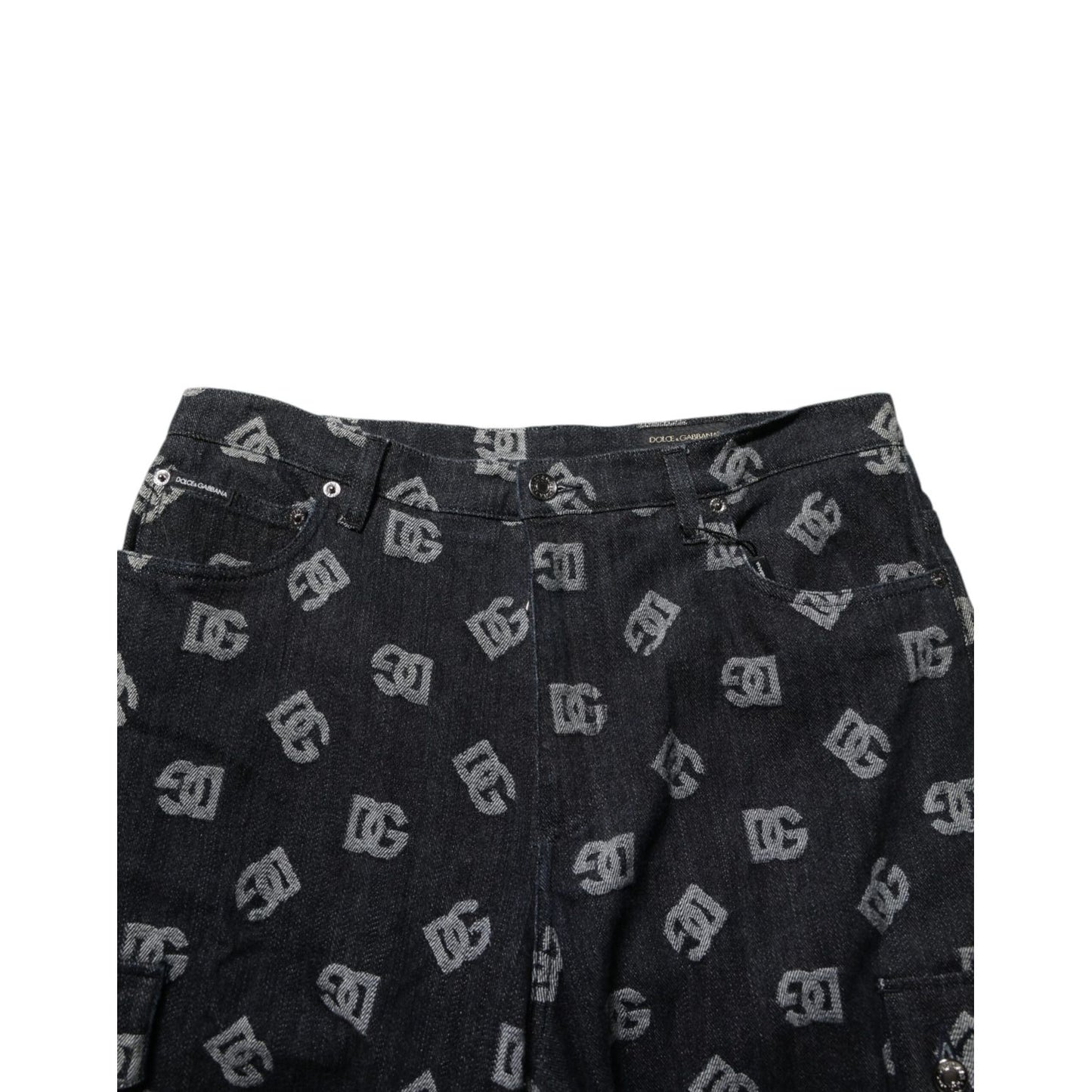 Dolce & Gabbana Black Monogram Denim Cargo Men Bermuda Short with signature pattern detailing on premium denim fabric.