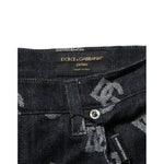 Close-up of Dolce & Gabbana Black Monogram Denim Cargo Men Bermuda Short waistband with monogram details and button.