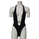 Dolce & Gabbana Black Nylon Deep V-Neck One Piece Swimwear with logo detail, modern style, and Italian craftsmanship.