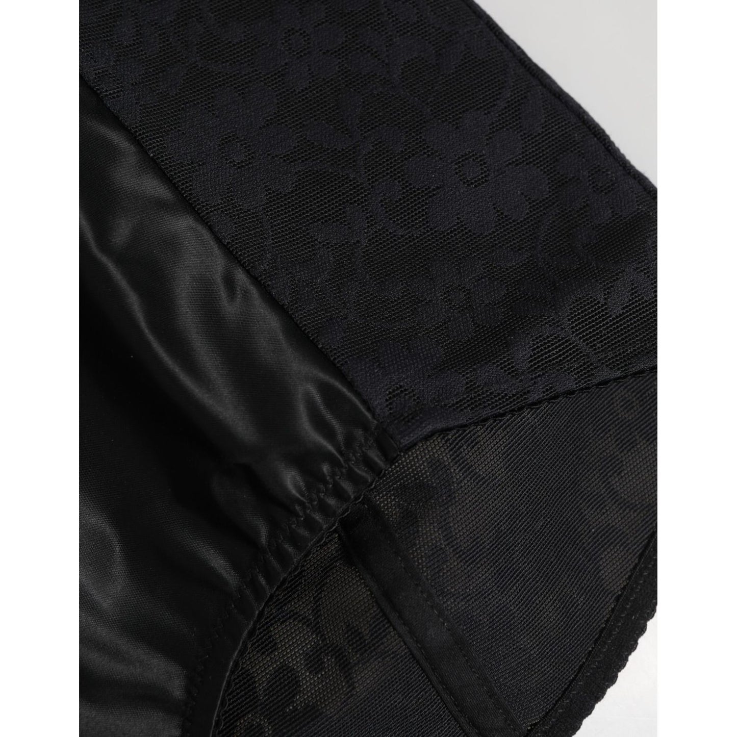 Close-up of Dolce & Gabbana Black Nylon High Waist Short Panty Underwear with floral lace detail.