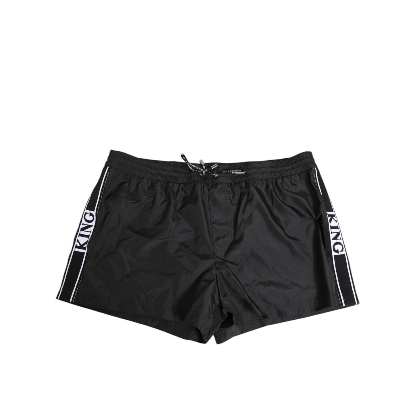 Dolce & Gabbana Black Nylon KING Sideband Men Boxer Shorts Swimwear with elastic waistband and KING logo sidebands.