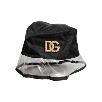 Dolce & Gabbana Black Nylon PVC DG Logo Bucket Hat with gold logo detail, crafted from nylon and PVC, showcasing Italian luxury design.