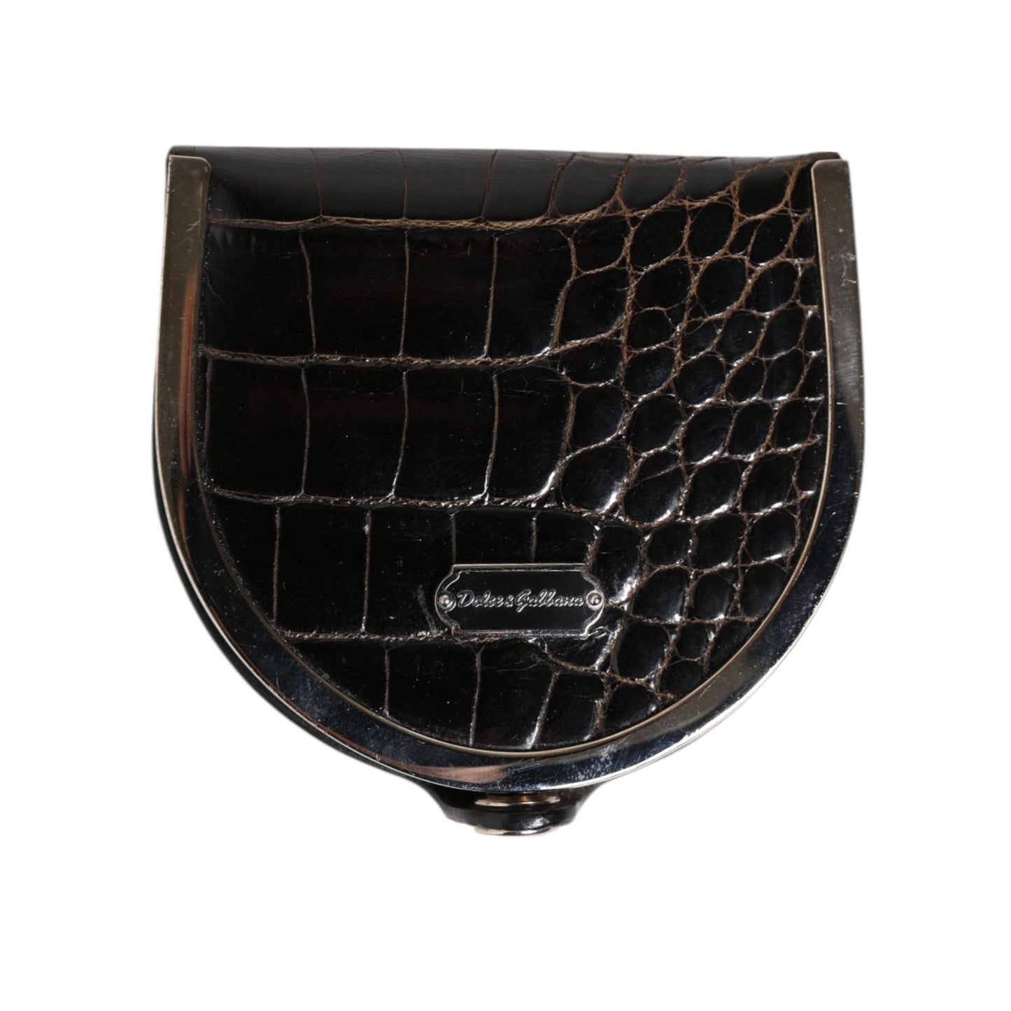 Dolce & Gabbana Black Polished Crocodile Leather Mens Coin Purse Wallet with metal snap closure, crafted from genuine alligator leather.