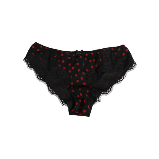 Dolce & Gabbana Black Polka Dotted Silk Low Waist Panty Underwear with red dots and lace trim, luxurious and stylish