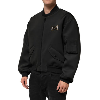 Dolce & Gabbana Black Polyester Logo Plaque Bomber Jacket