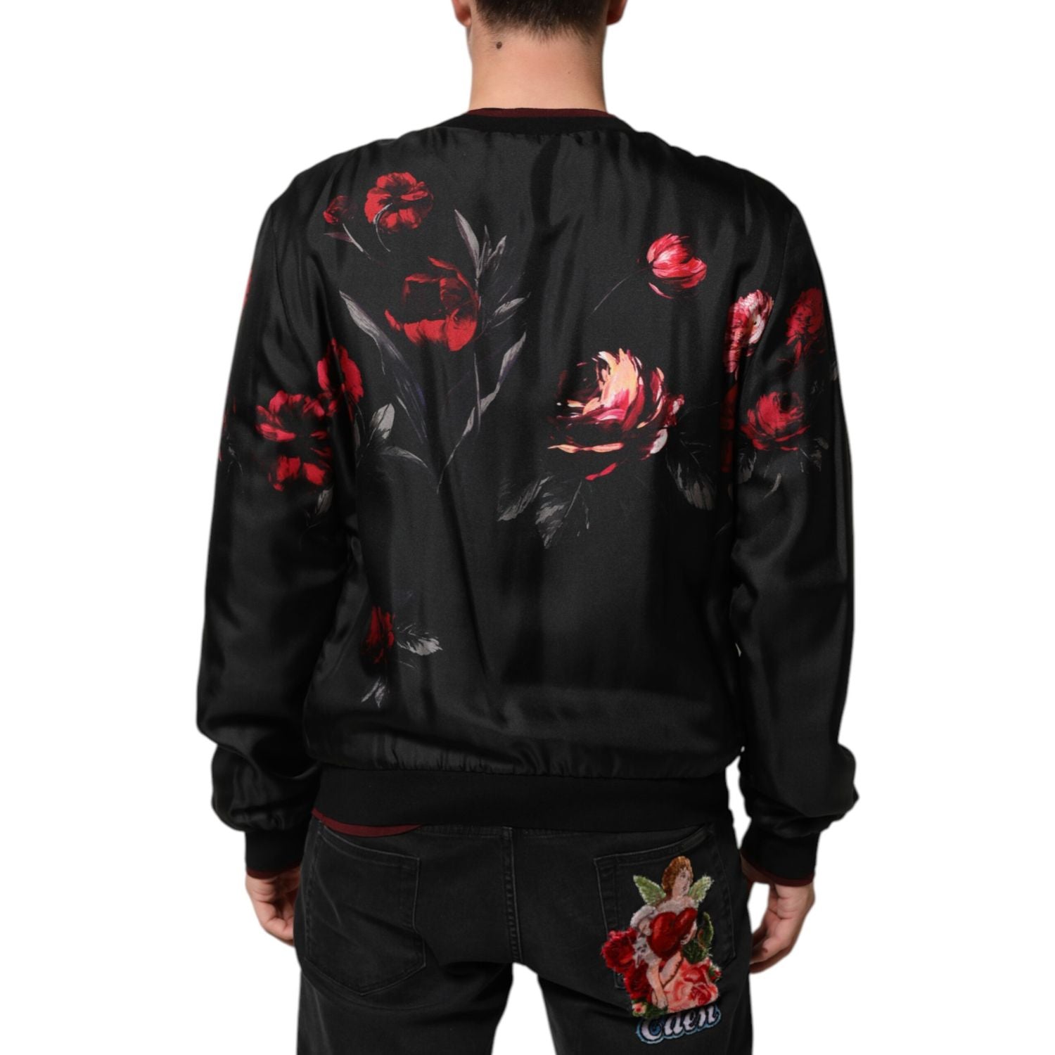 Dolce & Gabbana Black Red Floral Silk Bomber Blouson Jacket