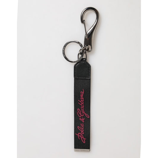 Dolce & Gabbana Black Red Polyester DG Logo Silver Men Keychain Keyring with silver-tone hardware and engraved logo details.