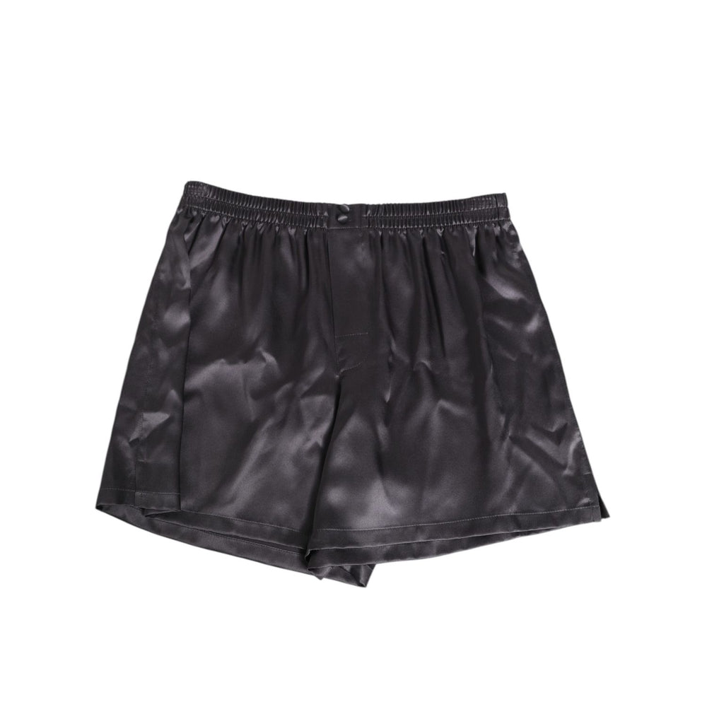 Dolce & Gabbana Black Satin Silk Elastic Men Boxer Short Swimwear with button detail, luxurious loungewear showcasing elegance and comfort.