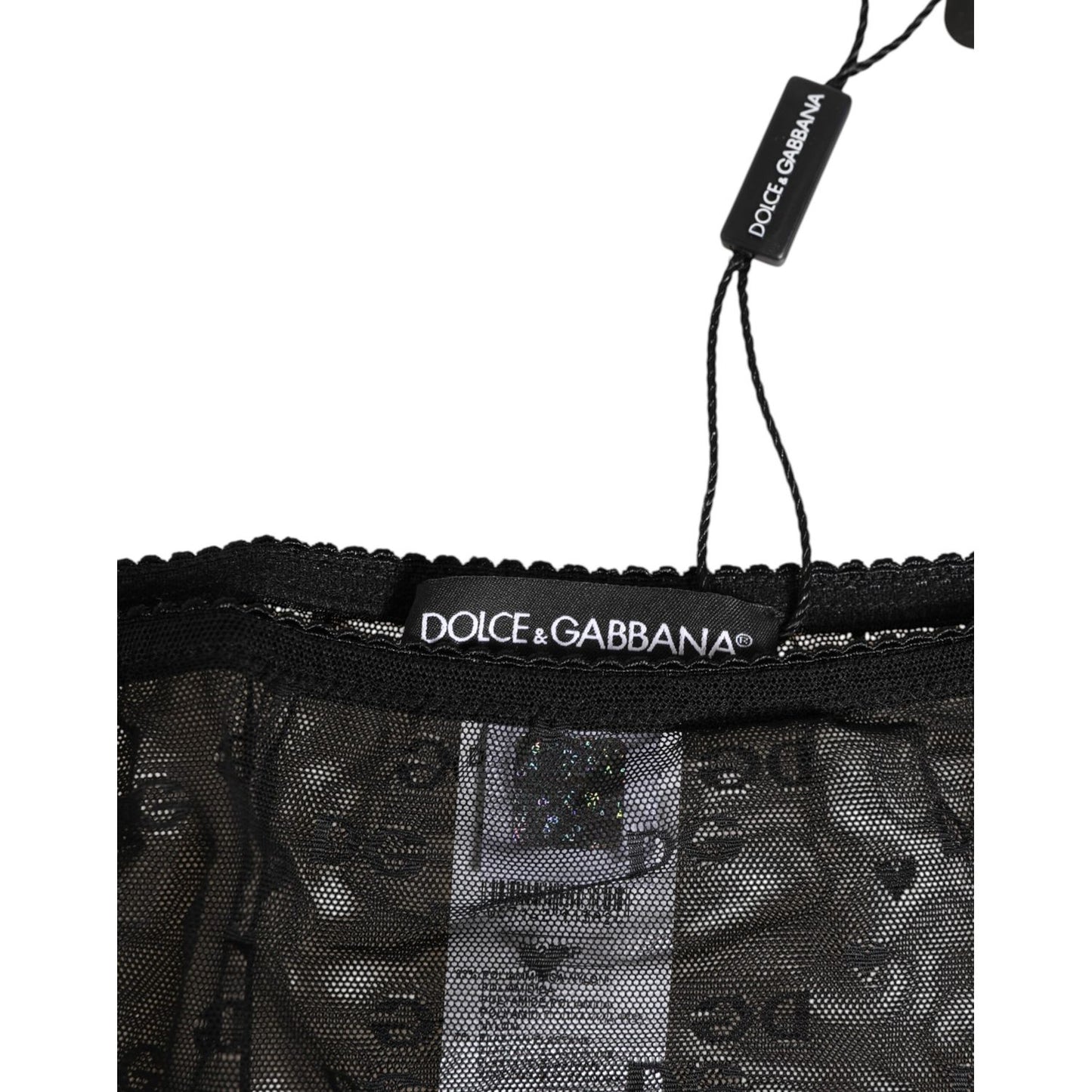 Dolce & Gabbana Black Sheer Mesh Lace Polka Dot Logo Underwear with DG logo tag and elastic waistband detail.