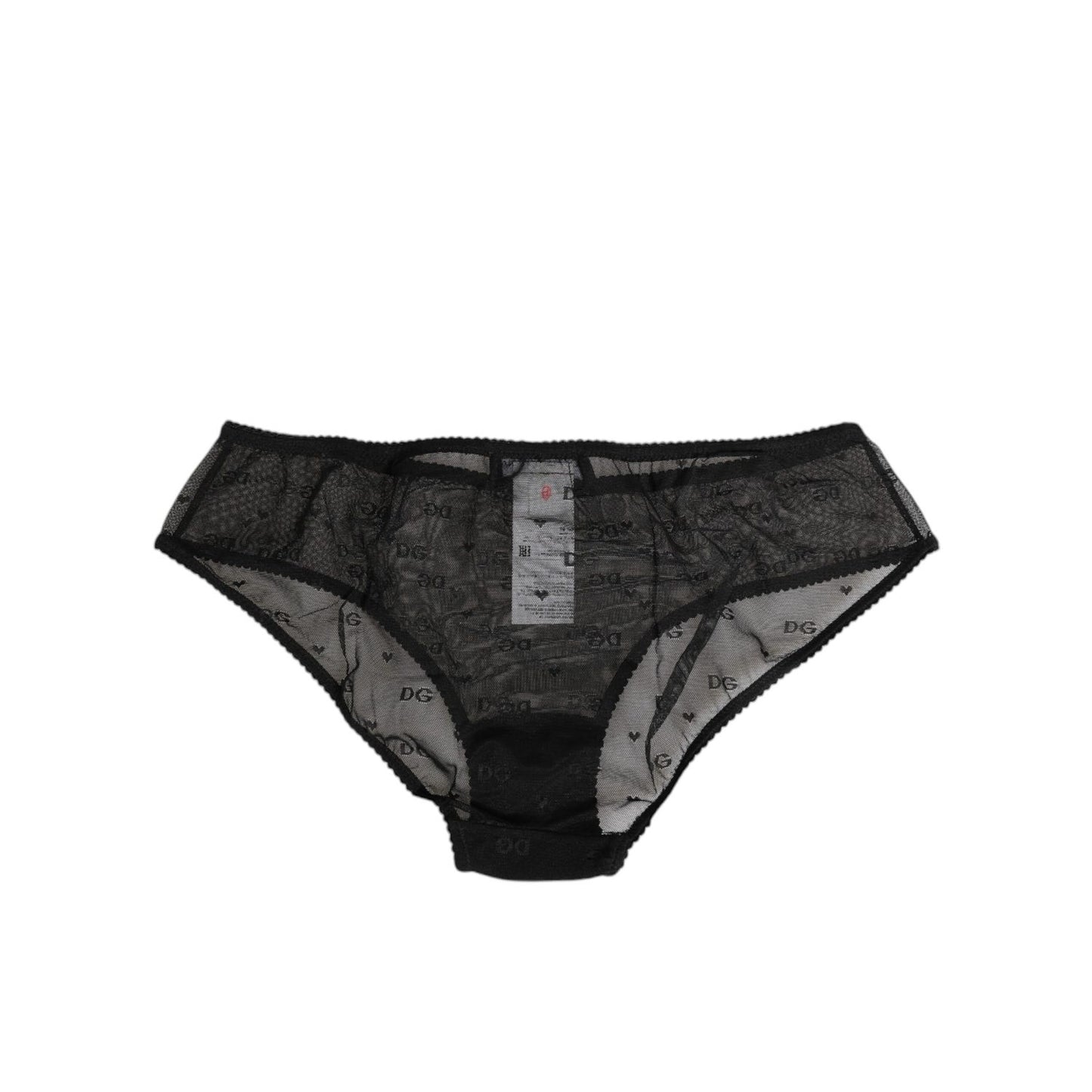 Dolce & Gabbana Black Sheer Mesh Lace Polka Dot Logo Underwear with elastic waistband, chic DG logo pattern, made in Italy.