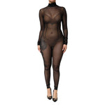 Dolce & Gabbana Black Sheer Mesh Long Sleeve Jumpsuit Bodysuit Dress, high-neck design with zipper closure, made in Italy.