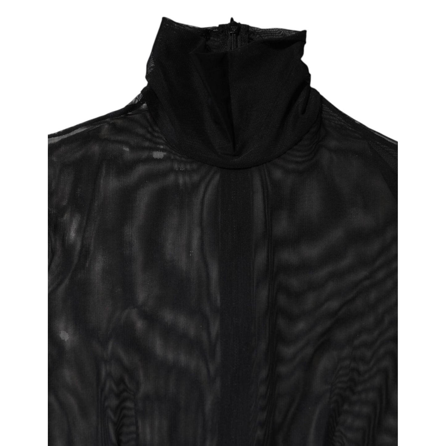 Dolce & Gabbana Black Sheer Mesh Long Sleeve Jumpsuit Bodysuit Dress high neck detail close-up image.