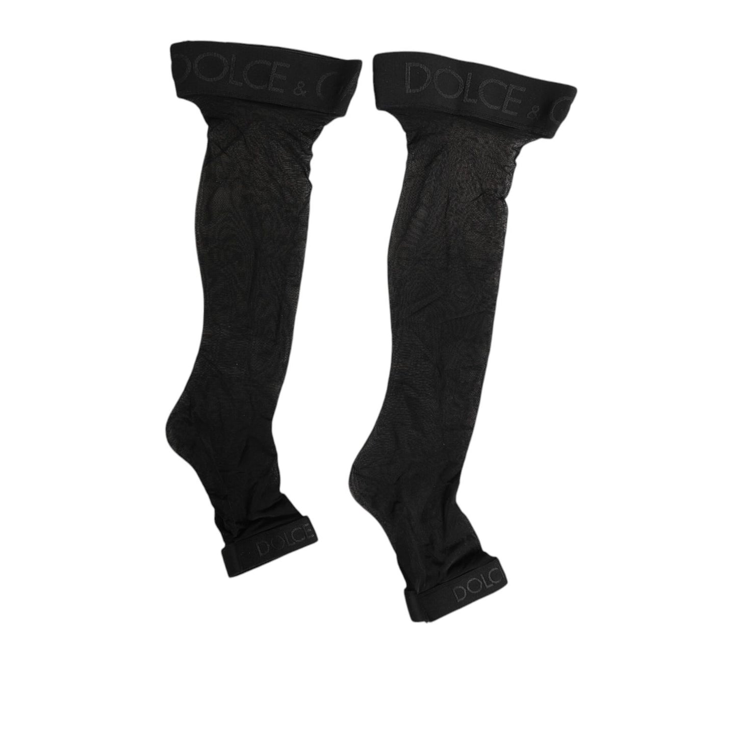 Dolce & Gabbana Black Sheer Nylon Logo Band Over-the-Knee Stocking Socks with bold logo waistband, made in Italy.