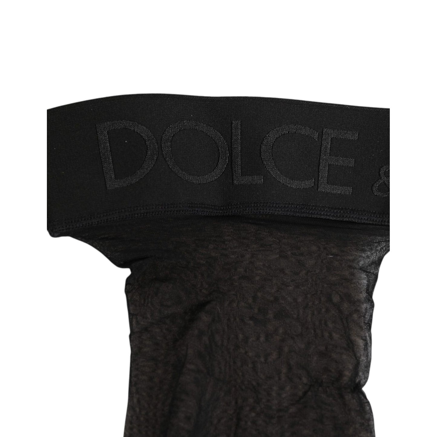 Close-up of Dolce & Gabbana Black Sheer Nylon Logo Band Over-the-Knee Stocking Socks showcasing logo waistband detail.