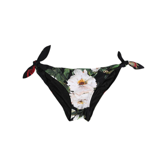 Dolce & Gabbana Black Side Tie Floral Bikini Bottom Swimwear with floral print and adjustable ties, made in Italy, 100% authentic.