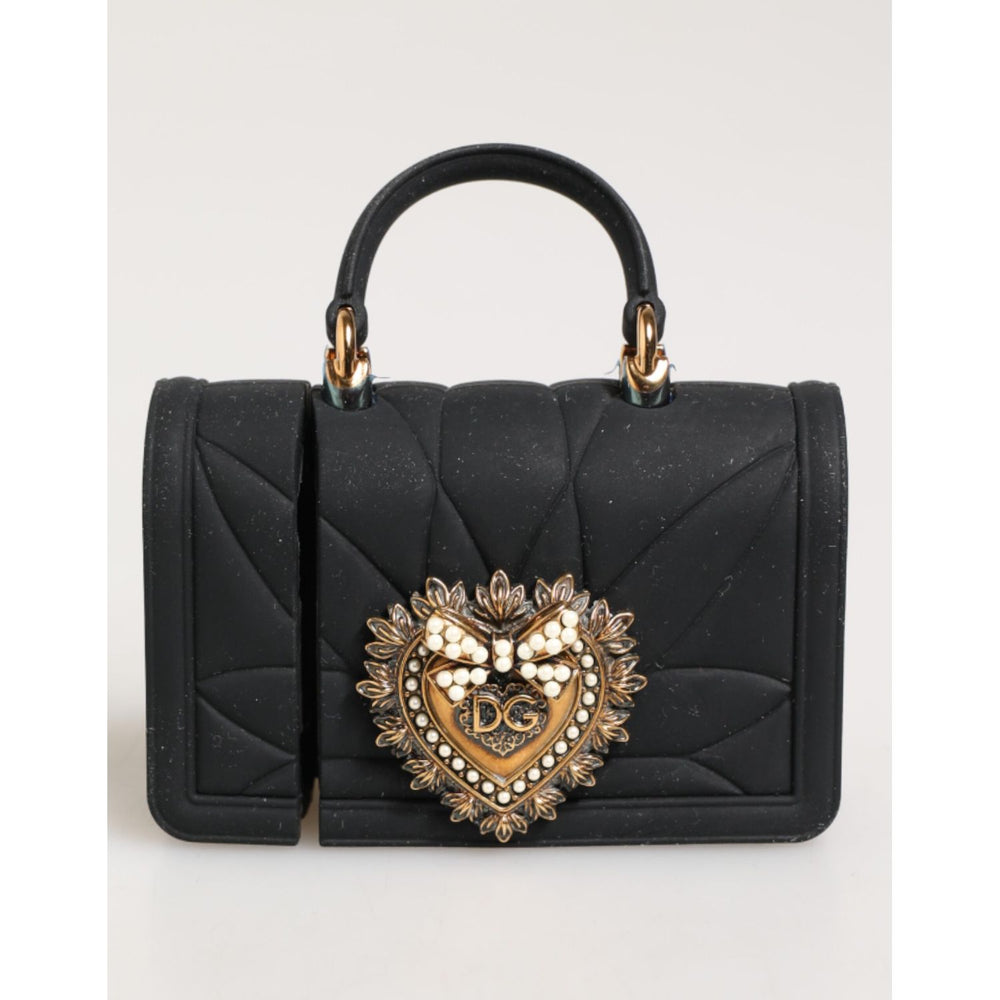 Dolce & Gabbana Black Silicone Devotion Heart Cover Hand Bag Airpod Case with quilted effect and gold logo plaque.