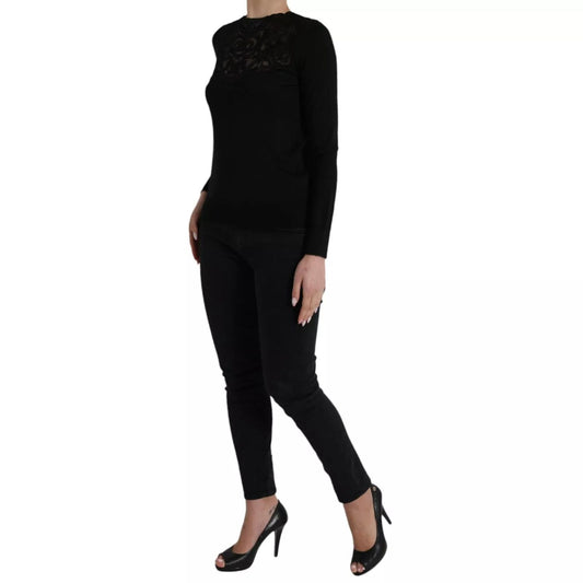 Dolce & Gabbana Black Silk Lace Trim Long Sleeves Blouse Top, elegant women’s fashion, luxury Italian design.