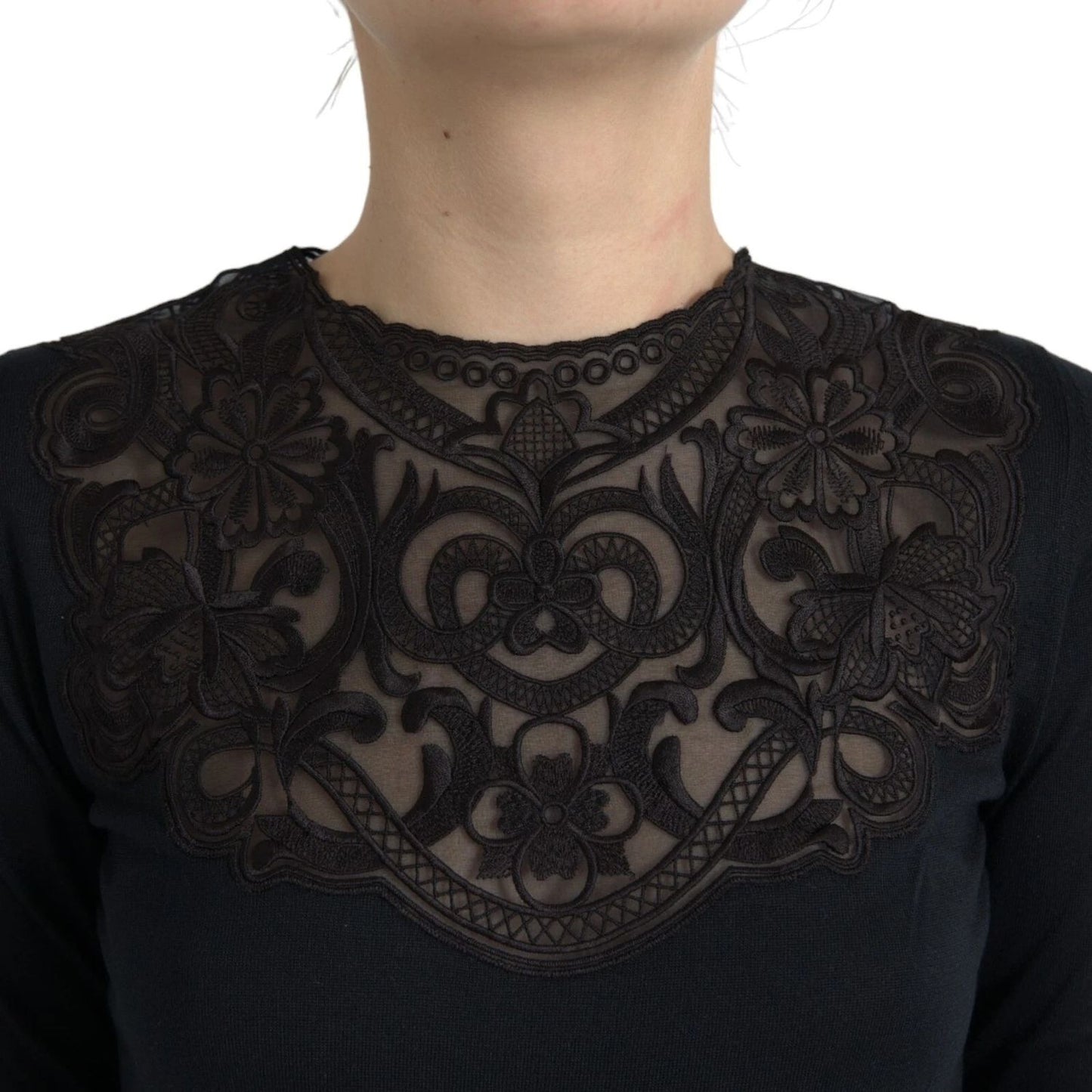 Dolce & Gabbana Black Silk Lace Trim Long Sleeves Blouse Top