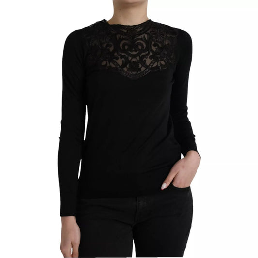 Dolce & Gabbana Black Silk Lace Trim Long Sleeves Blouse Top with elegant lace detailing, worn by a model, showcasing luxurious style.