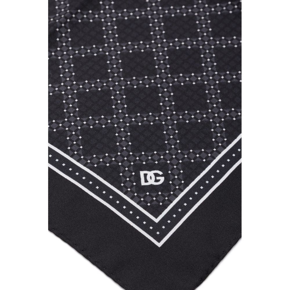 Dolce & Gabbana Black Silk Pocket Square with geometric print, 32×32 cm, luxury handmade design, logo detail, made in Italy.