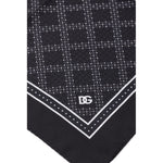 Dolce & Gabbana Black Silk Pocket Square with geometric print, 32×32 cm, luxury handmade design, logo detail, made in Italy.