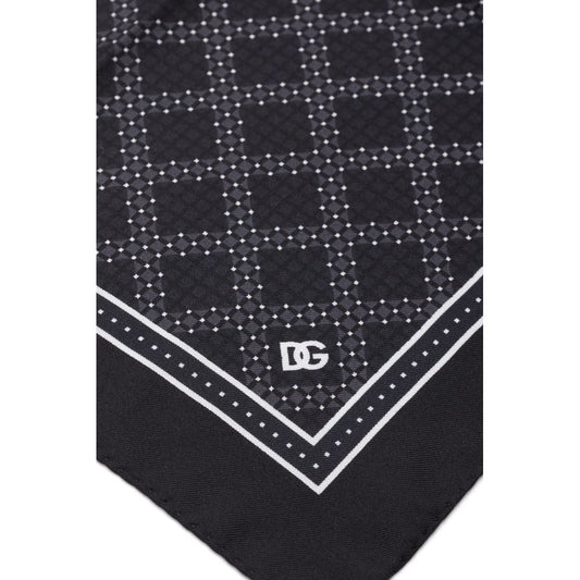 Dolce & Gabbana Black Silk Pocket Square with geometric print, 32×32 cm, luxury handmade design, logo detail, made in Italy.