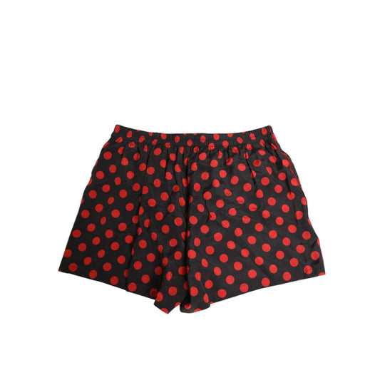 Dolce & Gabbana Black Silk Polka Dot Boxer Shorts Men Underwear with red dots and elastic waistband.