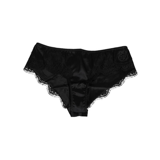 Dolce & Gabbana Black Silk Satin Floral Lace Panty Brief Underwear with elegant lace trim, made in Italy, luxurious lingerie.