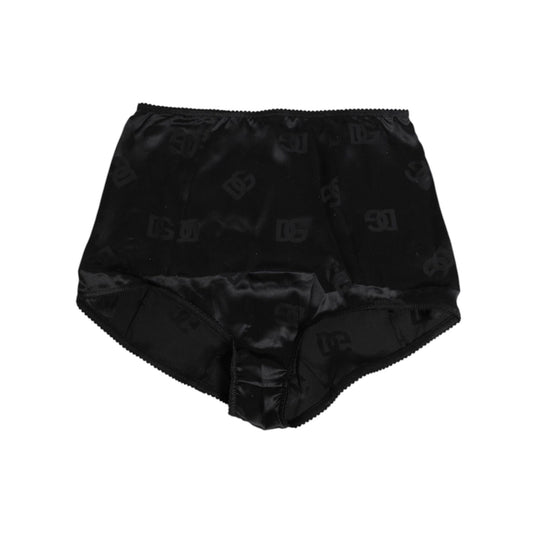 Dolce & Gabbana Black Silk Stretch High Waist Girdle Underwear with logo details, crafted from luxurious stretch silk, made in Italy.