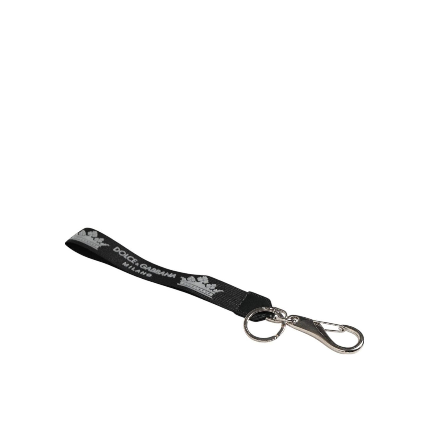 Dolce & Gabbana Black Silver Nylon DG Crown Men's Holder Keychain Keyring with silver-tone hardware and printed logo.