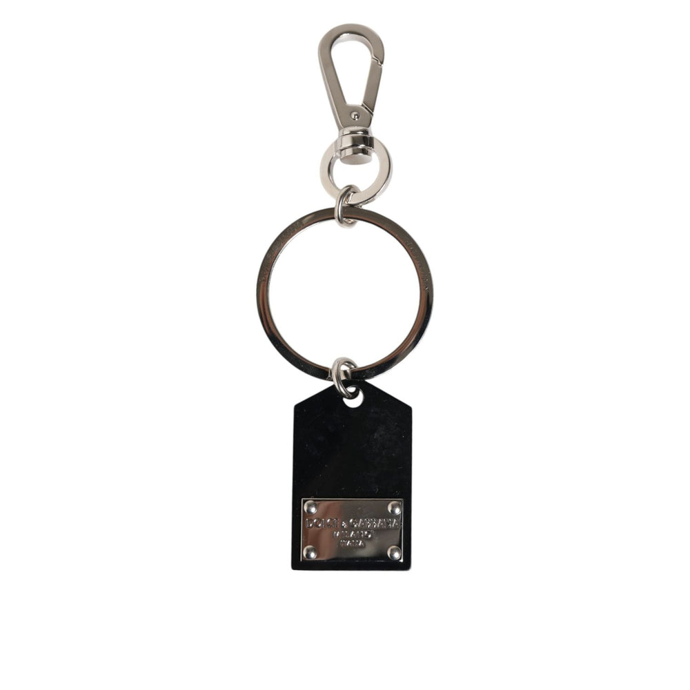 Dolce & Gabbana Black Sint Glass Plaque DG Logo Metal PlateKeychain Keyring with sleek design and luxury accents.