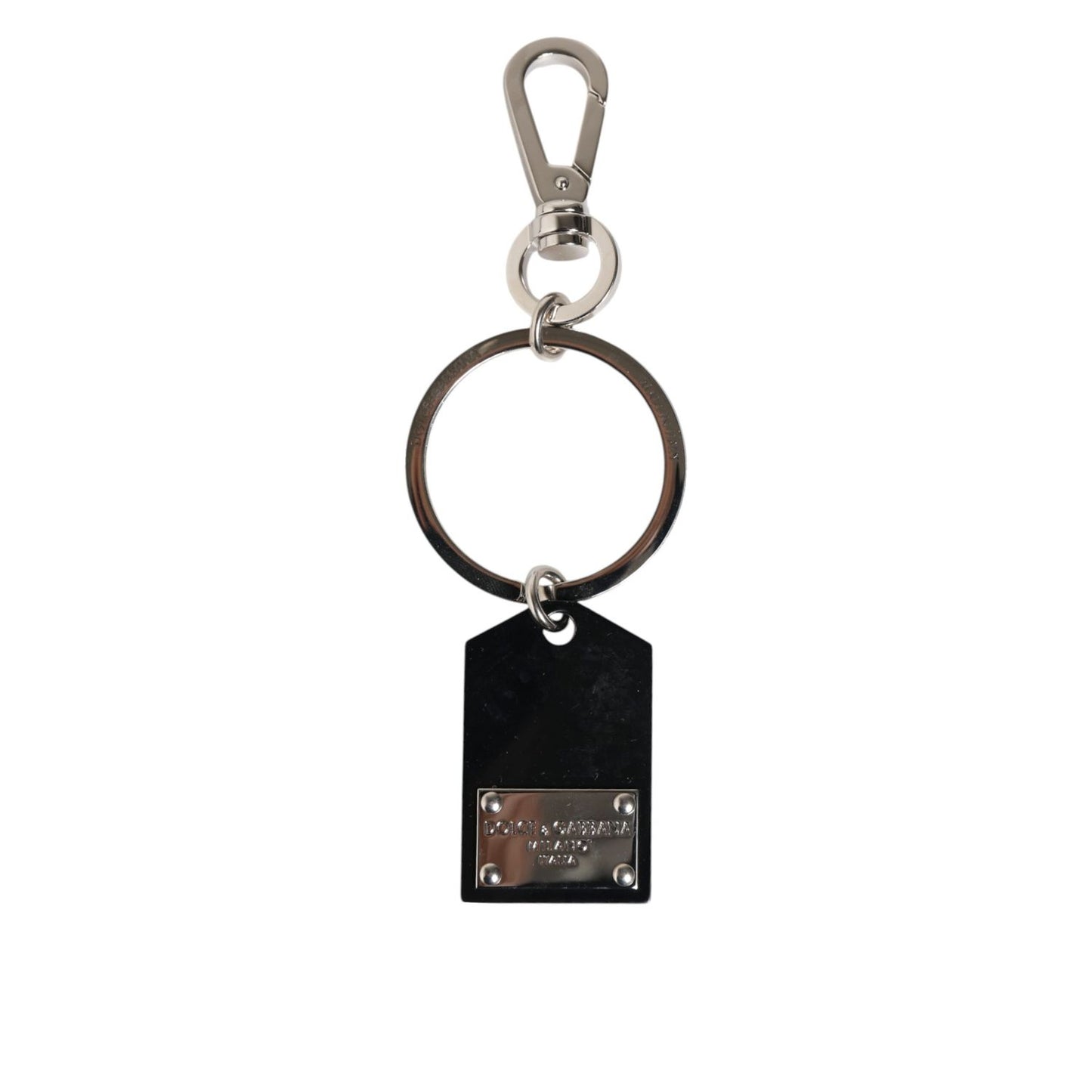 Dolce & Gabbana Black Sint Glass Plaque DG Logo Metal PlateKeychain Keyring with luxury design and sleek metal accents.