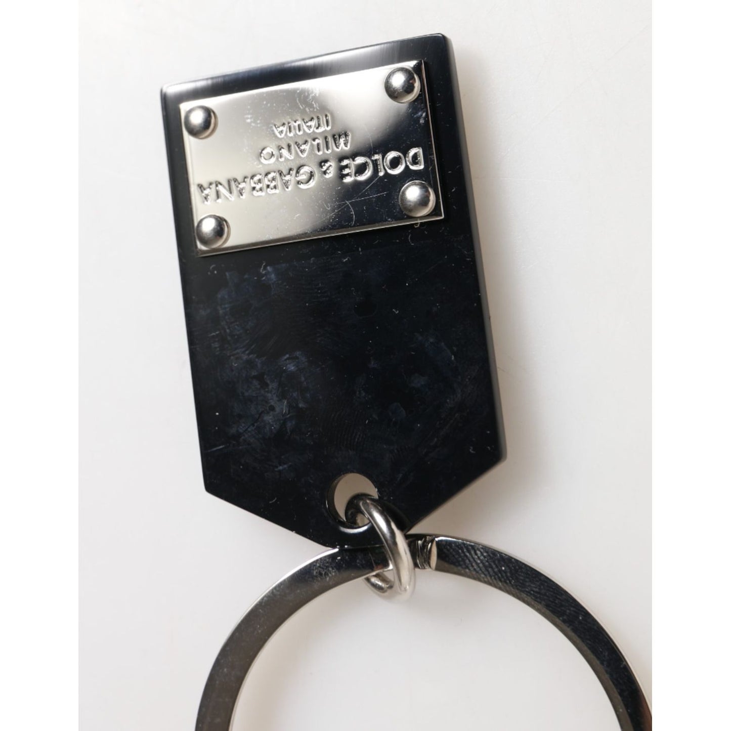 Dolce & Gabbana Black Sint Glass Plaque DG Logo Metal PlateKeychain Keyring with sleek black plaque and metal logo detail.