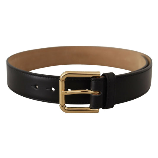 Dolce & Gabbana Black Solid Leather Classic Gold Waist Buckle Belt with logo engraved, luxurious women's accessory.