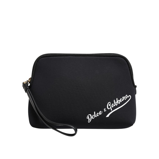 Dolce & Gabbana Black Solid Nylon DG LogoPrint Clutch Zip Borse Pouch Bag with wrist strap and gold-tone hardware.