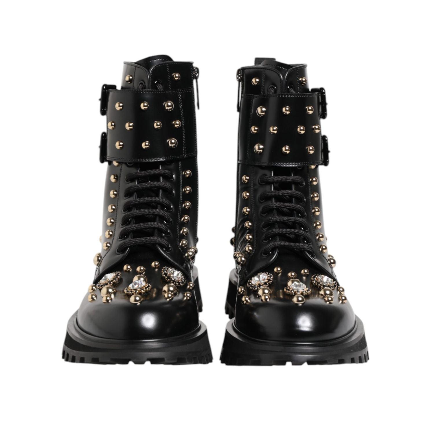 Dolce & Gabbana Black Studded Lace Up Mid Calf Boots Shoes