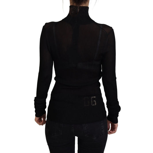 Back view of Dolce & Gabbana Black Turtleneck Slim Fit Pullover Sweater with zipper closure, logo details, and ribbed knitwear design.