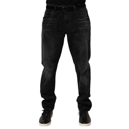 Dolce & Gabbana Black Washed Cotton Skinny Men Denim Jeans, featuring a classic five-pocket design, showcased on a model.