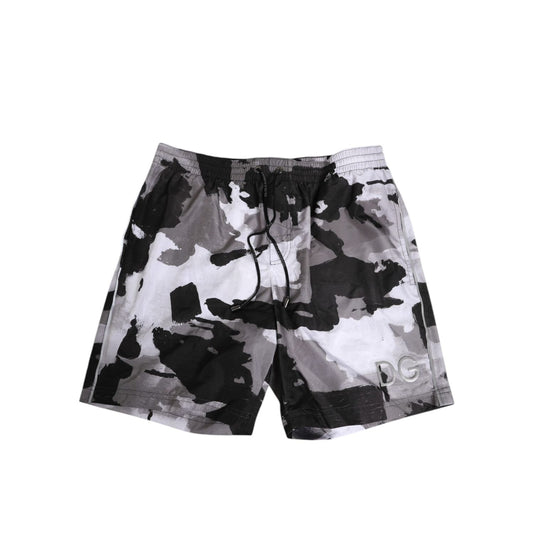 Dolce & Gabbana Black White Camouflage DG Logo Men Swimwear shorts with elastic waistband and drawstring.