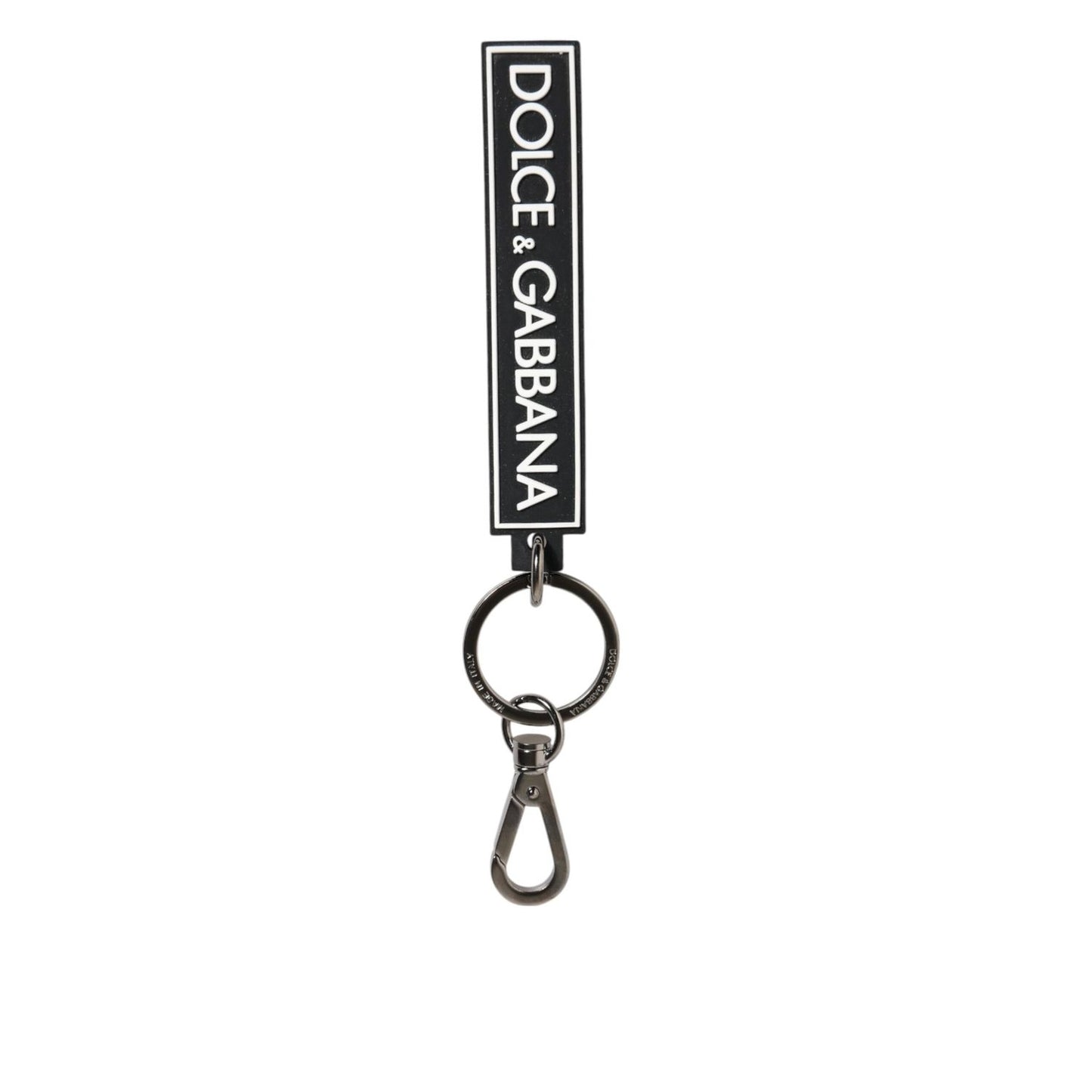 Dolce & Gabbana Black White DG Rubber Logo Silver Men's Holder Keyring with logo details and silver ring.
